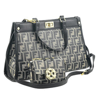 La Marey Black with F Letter Print Faux Leather and Polyester Tote Bag with Small Pouch