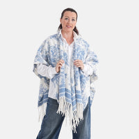 La Marey Beige with Blue Pattern Poncho (27.56"x78.74")