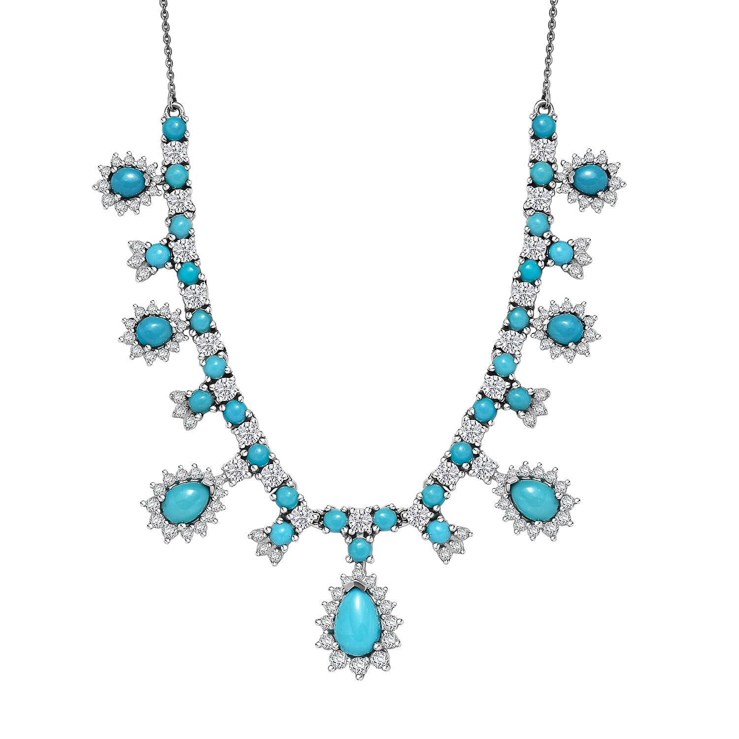 D'Joy  Sleeping Beauty Turquoise, Moissanite Neckalce in Rhodium Over Sterling Silver 11.80 ctw (18- 20 Inches)