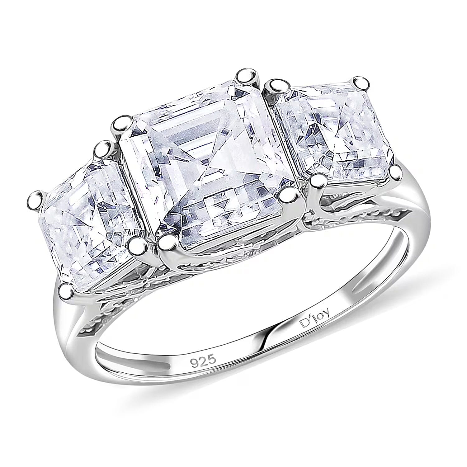 D'Joy Asscher Cut Moissanite (8x8mm) Eternal Trinity Ring in Rhodium Over Sterling Silver (Size 10.0) 4.90 ctw