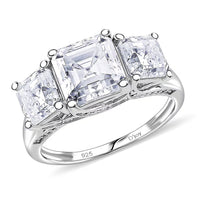 D'Joy Asscher Cut Moissanite (8x8mm) Eternal Trinity Ring in Rhodium Over Sterling Silver (Size 10.0) 4.90 ctw