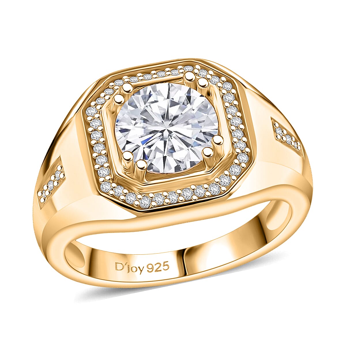 D'Joy Moissanite (Rnd 8mm) Titan’s Halo Men's Ring in 18K Vermeil YG Over Sterling Silver (Size 8.0) 2.00 ctw