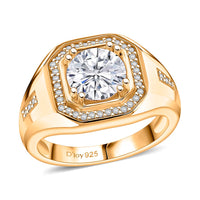 D'Joy Moissanite (Rnd 8mm) Titan’s Halo Men's Ring in 18K Vermeil YG Over Sterling Silver (Size 8.0) 2.00 ctw