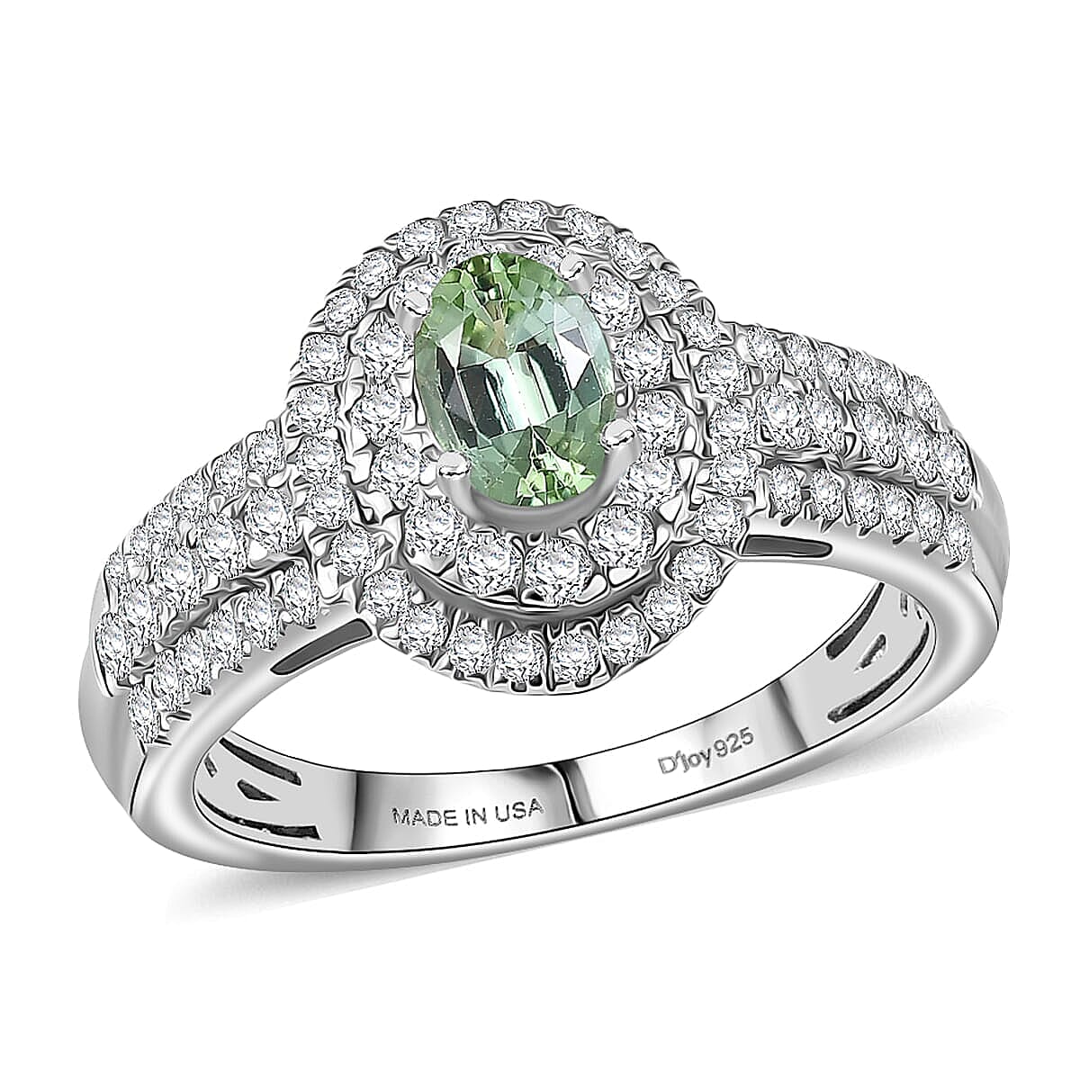 D'Joy Premium Mint Tourmaline, Moissanite Ring in Rhodium Over Sterling Silver (Size 5.0) 1.50 ctw