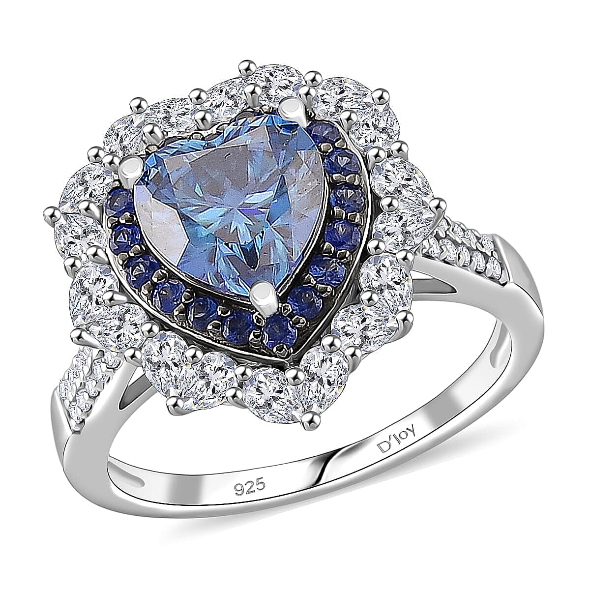 Doorbuster D'Joy Blue and White Moissanite (Hrt 8mm), Blue Sapphire Love Blossom Heart Ring in Rhodium Over Sterling Silver (Size 10.0) 3.10 ctw