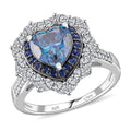 Doorbuster D'Joy Blue and White Moissanite (Hrt 8mm), Blue Sapphire Love Blossom Heart Ring in Rhodium Over Sterling Silver (Size 10.0) 3.10 ctw - Sticky add to cart bar