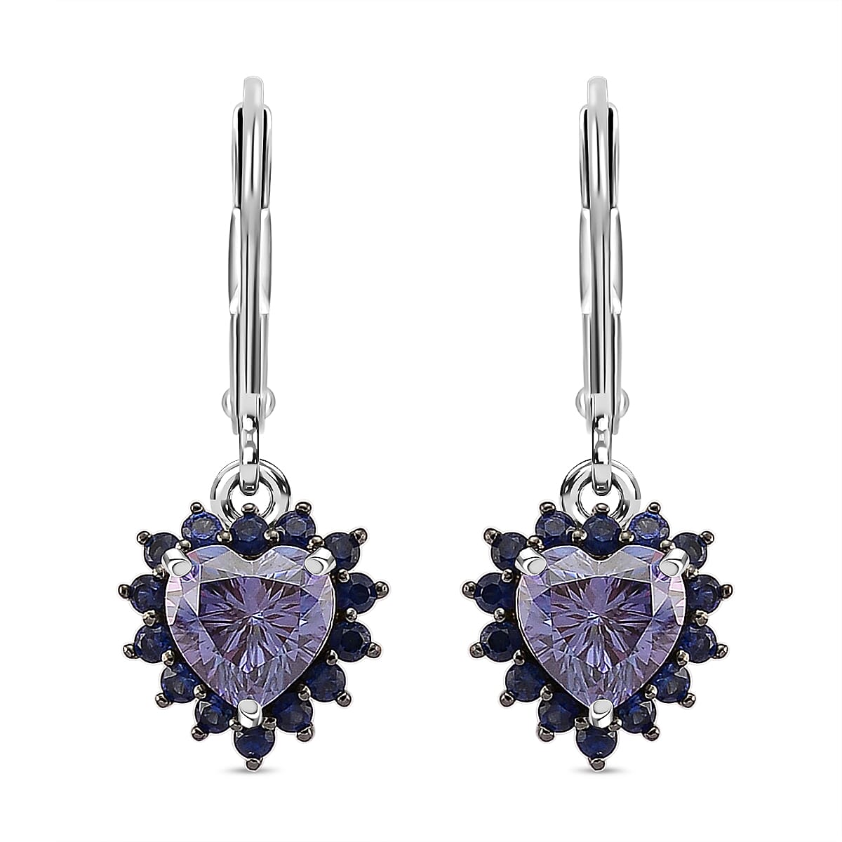 D'Joy Blue Moissanite (Hrt 6mm), Blue Sapphire Heart Earrings in Rhodium Over Sterling Silver 2.10 ctw