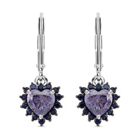 D'Joy Blue Moissanite (Hrt 6mm), Blue Sapphire Heart Earrings in Rhodium Over Sterling Silver 2.10 ctw