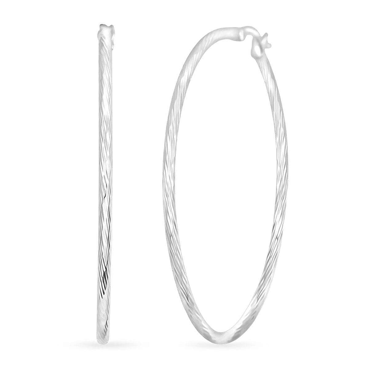 Sterling Silver 50mm x 1.9mm Twisted Lines Hoop Earrings 5 Grams