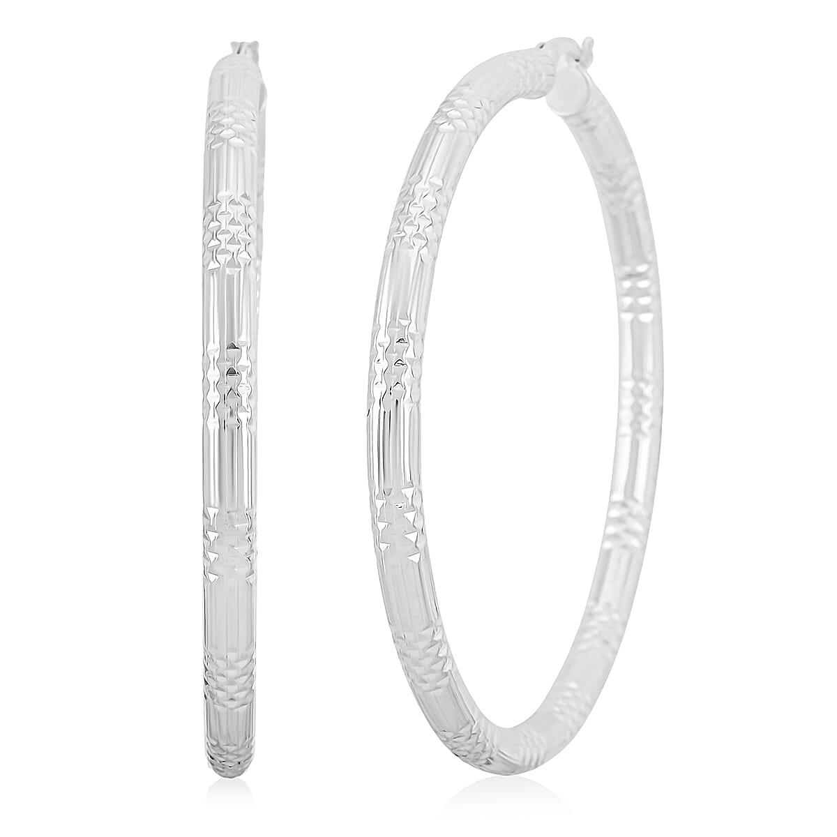 Sterling Silver Station Groove Hoop Earrings (12.6 Grams, 60x4mm)