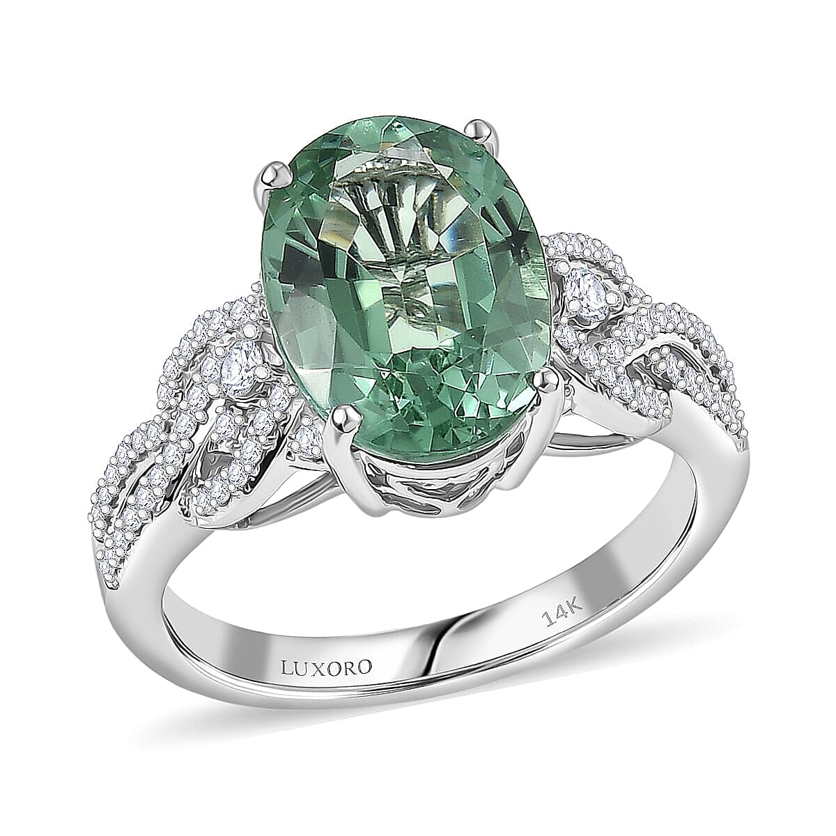 Luxoro 14K White Gold AAA Mint Tourmaline, Diamond (I2) (0.37 cts) Ring (Size 10.0) (4.45 g) 4.50 ctw