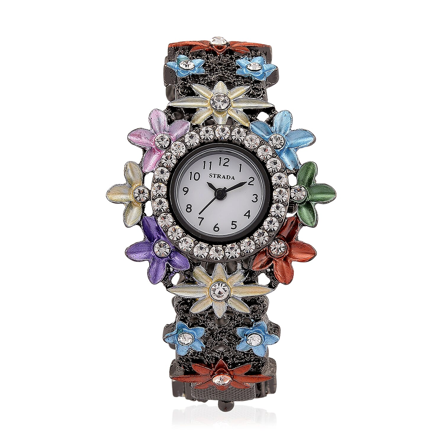 Strada Austrian Crystal Japanese Movement Oil Flower Design Bangle Watch in Blacktone
