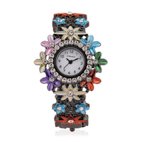 Strada Austrian Crystal Japanese Movement Oil Flower Design Bangle Watch in Blacktone