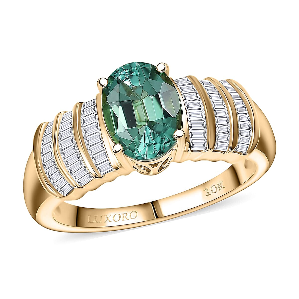 Luxoro 10K Yellow Gold AAA Mint Tourmaline, Diamond (I2) (0.35 cts) Ring (Size 7.0) 2.10 ctw
