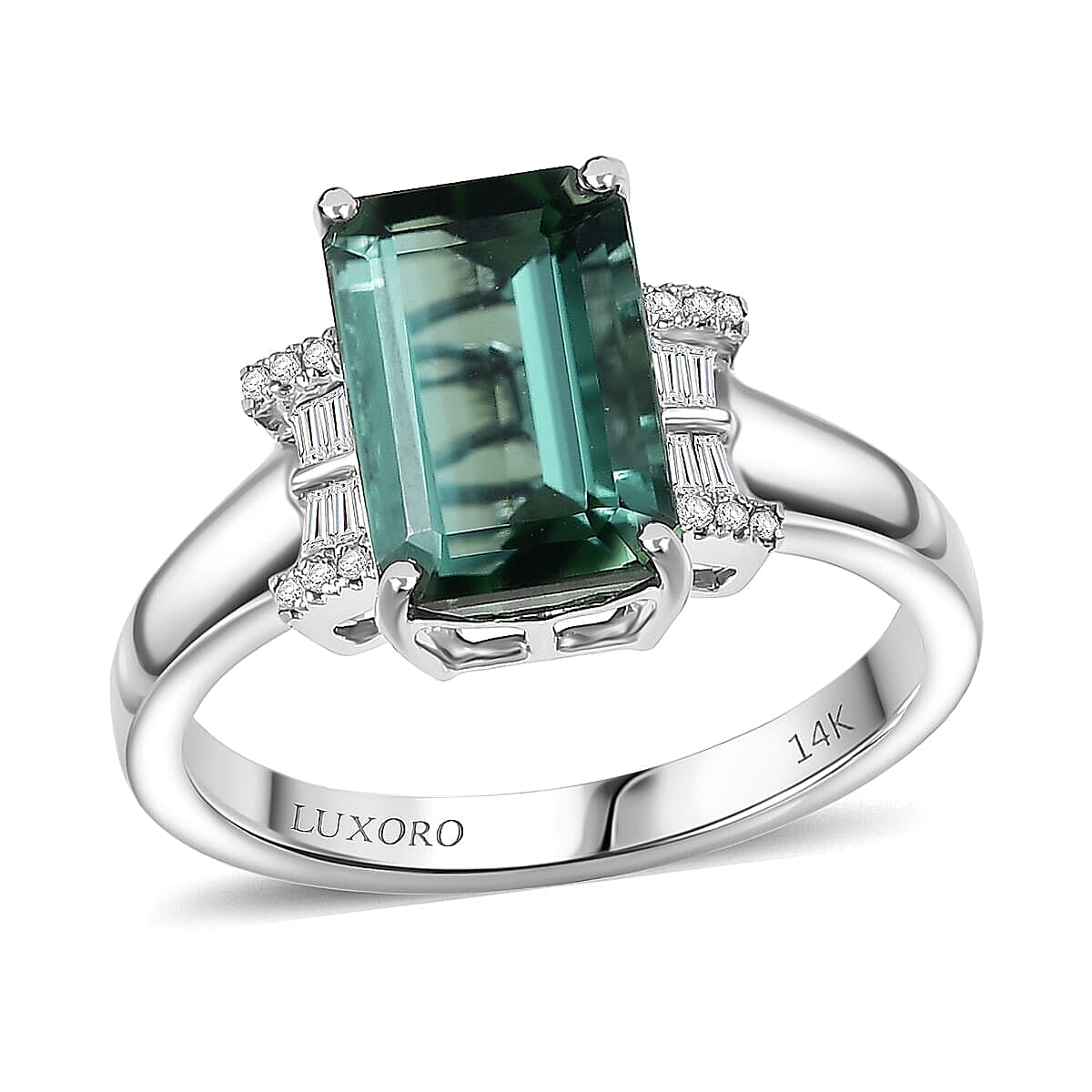 Luxoro 14K White Gold AAA Mint Tourmaline, Diamond (I2) Mint Deco Ring (Size 7.0) 3.70 ctw