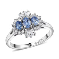 D'Joy Premium Ceylon Blue Sapphire, Moissanite Regal Burst Ring in Rhodium Over Sterling Silver (Size 10.0) 1.10 ctw