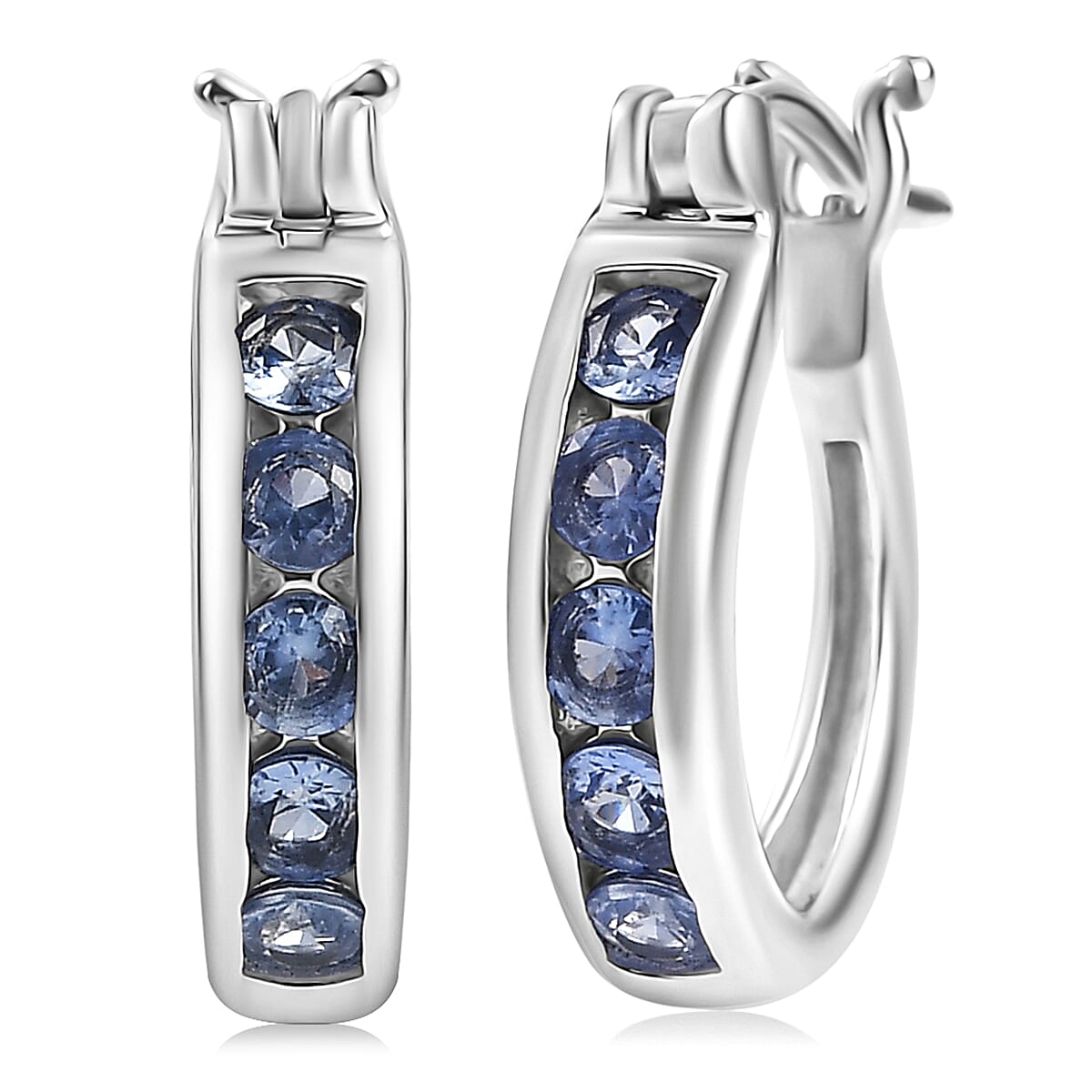 D'Joy Ceylon Blue Sapphire Hoop Earrings in Rhodium Over Sterling Silver 0.75 ctw