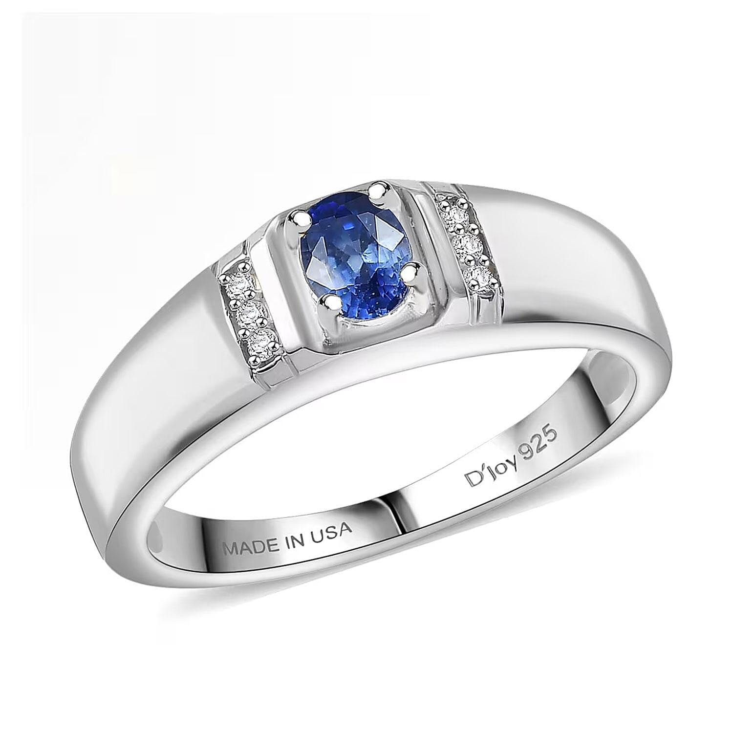 D'Joy Premium Ceylon Blue Sapphire, Moissanite Men's Ring in Rhodium Over Sterling Silver (Size 10.0) 0.60 ctw