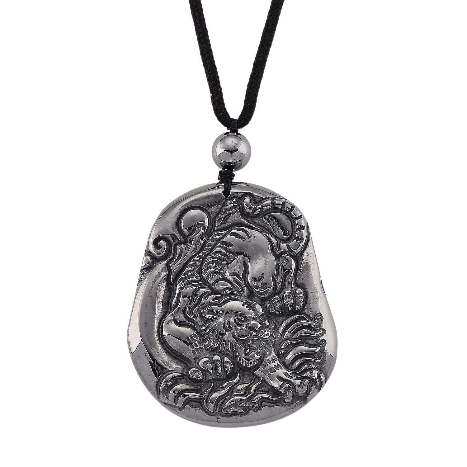 Terahertz 130.00 ctw Carved Tiger Pendant with Black Cord in Necklace 28 Inches