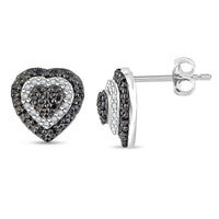 Black and White Diamond 0.33 ctw Heart Stud Earrings in Rhodium Over Sterling Silver