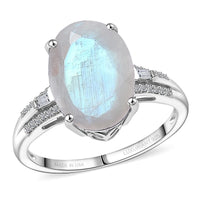 Premium Rainbow Moonstone and Luxuriant Lab Grown Diamond G-H SI 6.30 ctw Ring in Rhodium Over Sterling Silver (Size 10.0)