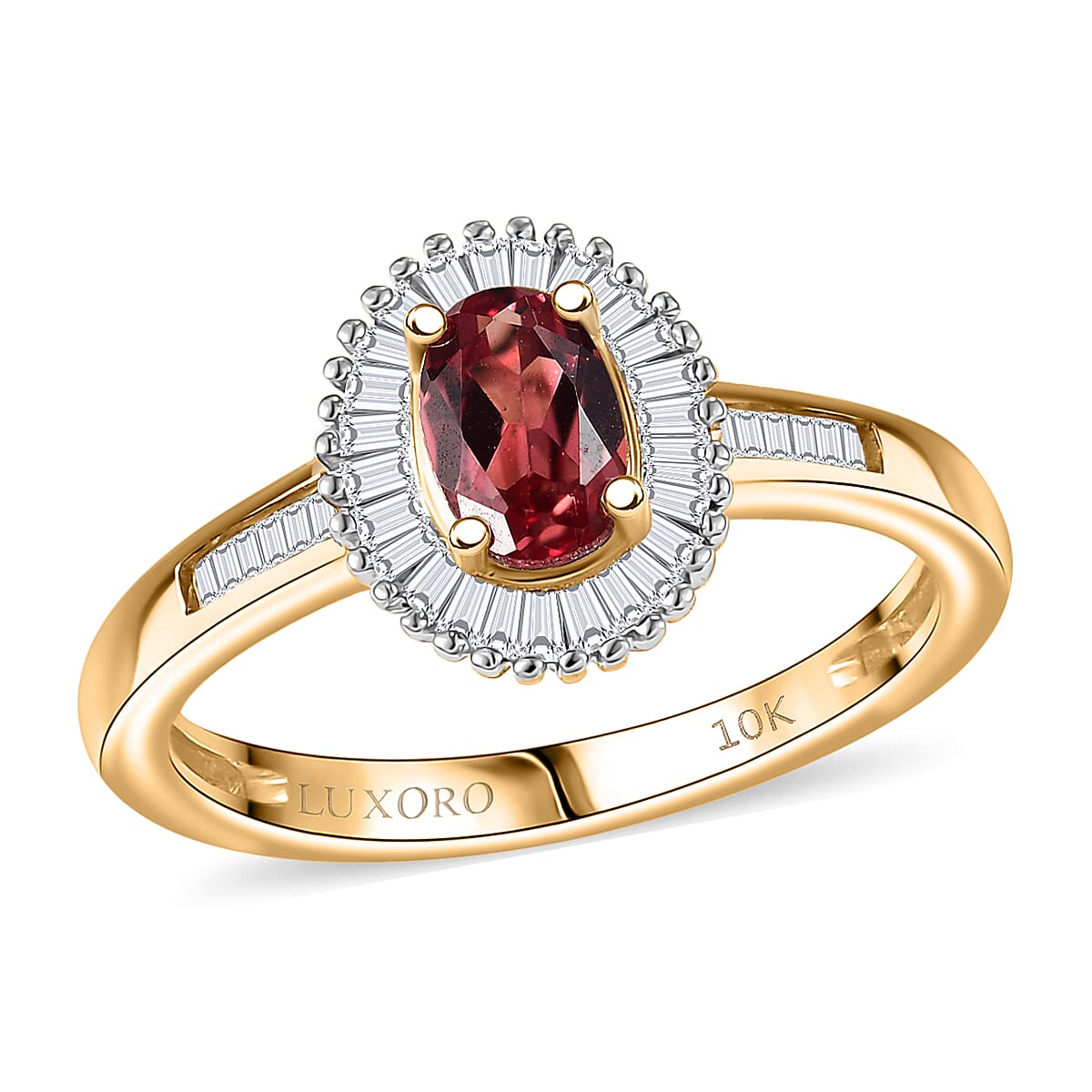 Luxoro Premium Padparadscha Sapphire and Diamond I2 0.90 ctw Sunburst Blaze Ring in 10K Yellow Gold (Size 6.0)