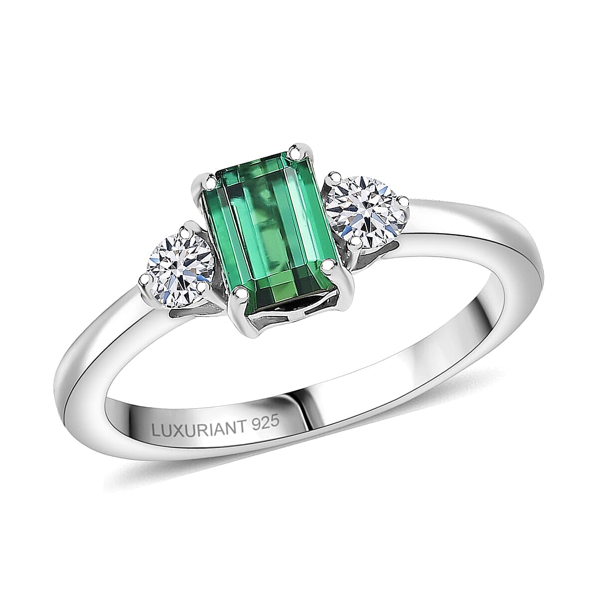 Premium Pirineu Lagoon Tourmaline, Luxuriant Lab Grown Diamond (G-H, SI) (0.25 cts) Ring in Rhodium Over Sterling Silver (Size 6.0) 1.00 ctw