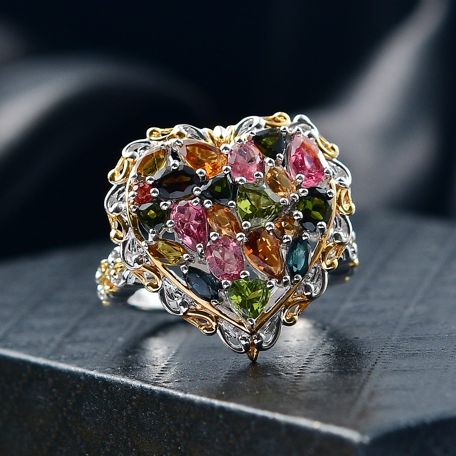 D'Joy Premium Multi-Tourmaline 2.80 ctw Blooming Garden Heart Ring