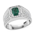D'Joy Premium Kagem Zambian Emerald, White Zircon Regal Heritage Men's Ring in Rhodium Over Sterling Silver (Size 10.0) 2.00 ctw - Sticky add to cart bar