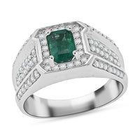 D'Joy Premium Kagem Zambian Emerald, White Zircon Regal Heritage Men's Ring in Rhodium Over Sterling Silver (Size 10.0) 2.00 ctw
