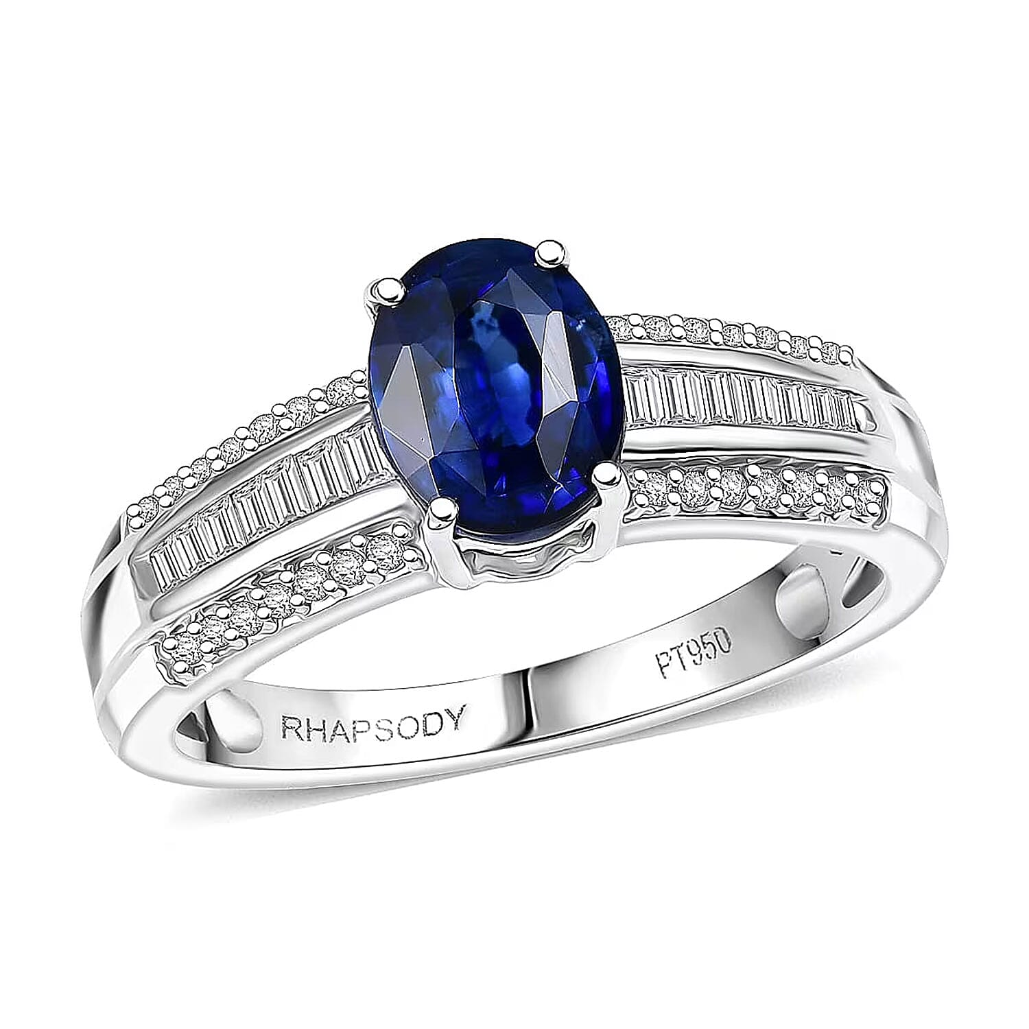 Rhapsody 950 Platinum AAAA Ceylon Blue Sapphire, Diamond (E-F, VS) (0.28 cts) Crown Line Ring (Size 6.0) (6.25 g) 1.60 ctw