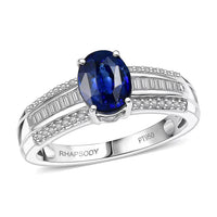 Rhapsody 950 Platinum AAAA Ceylon Blue Sapphire, Diamond (E-F, VS) (0.28 cts) Crown Line Ring (Size 6.0) (6.25 g) 1.60 ctw