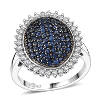 D'Joy Premium Ceylon Blue Sapphire, Moissanite Blue Majesty Oval Ring in Rhodium Over Sterling Silver (Size 10.0) 1.85 ctw