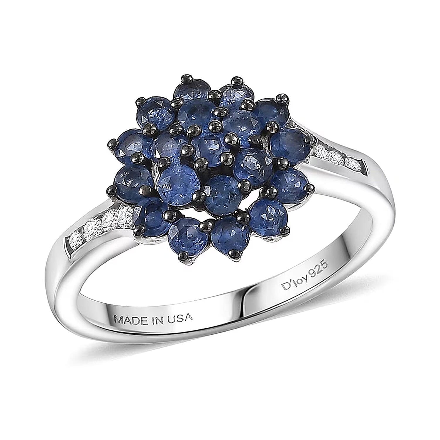 D'Joy Premium Ceylon Blue Sapphire, White Zircon Royal Bloom Ring in Rhodium Over Sterling Silver (Size 10.0) 1.25 ctw