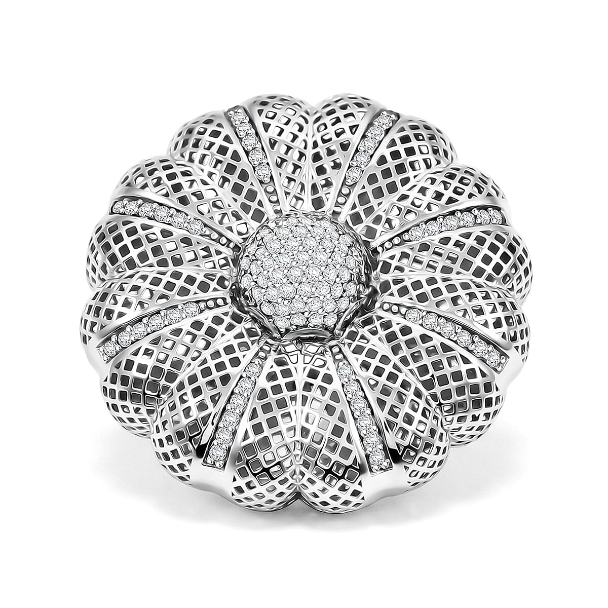 D'Joy Simulated Diamond Floral Ring in Rhodium Over Sterling Silver (Size 10.0) 0.65 ctw