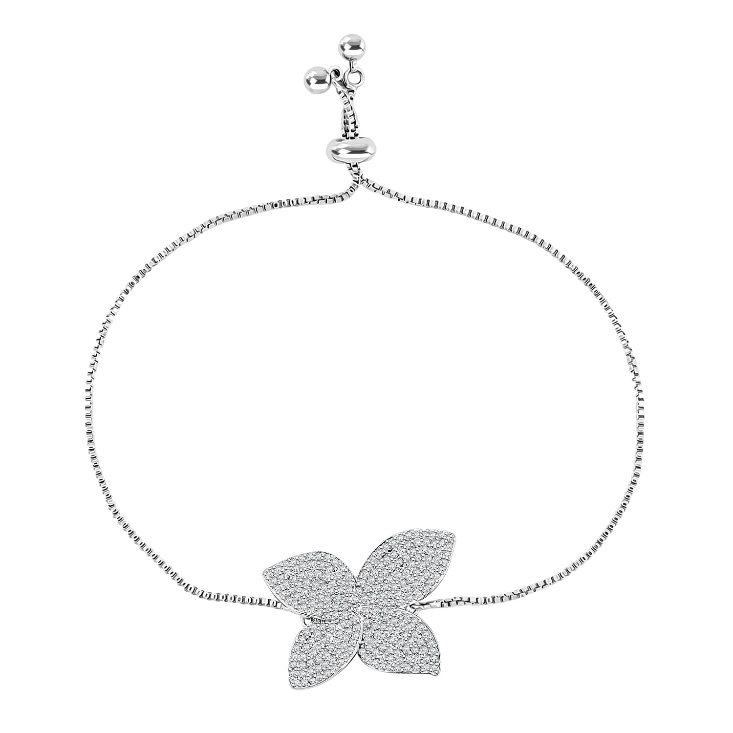 Simulated Diamond Flower Bracelet in Silvertone (Adjustable) 1.15 ctw