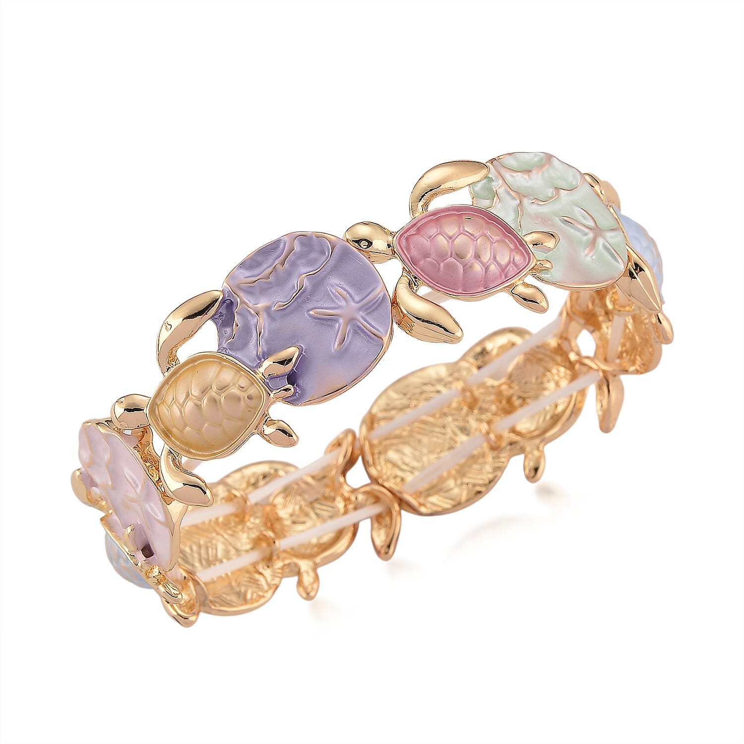 Multi Color Enameled Turtle and Starfish Bangle Bracelet in Goldtone (7-7.5In)