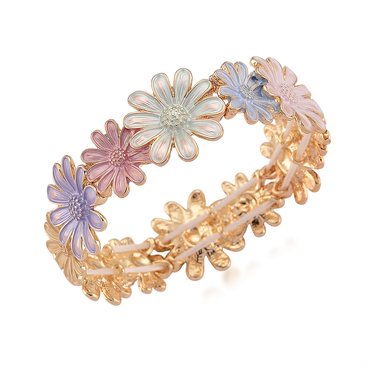 Multi Color Enameled Daisy Floral Bangle Bracelet in Goldtone (7-7.5In)