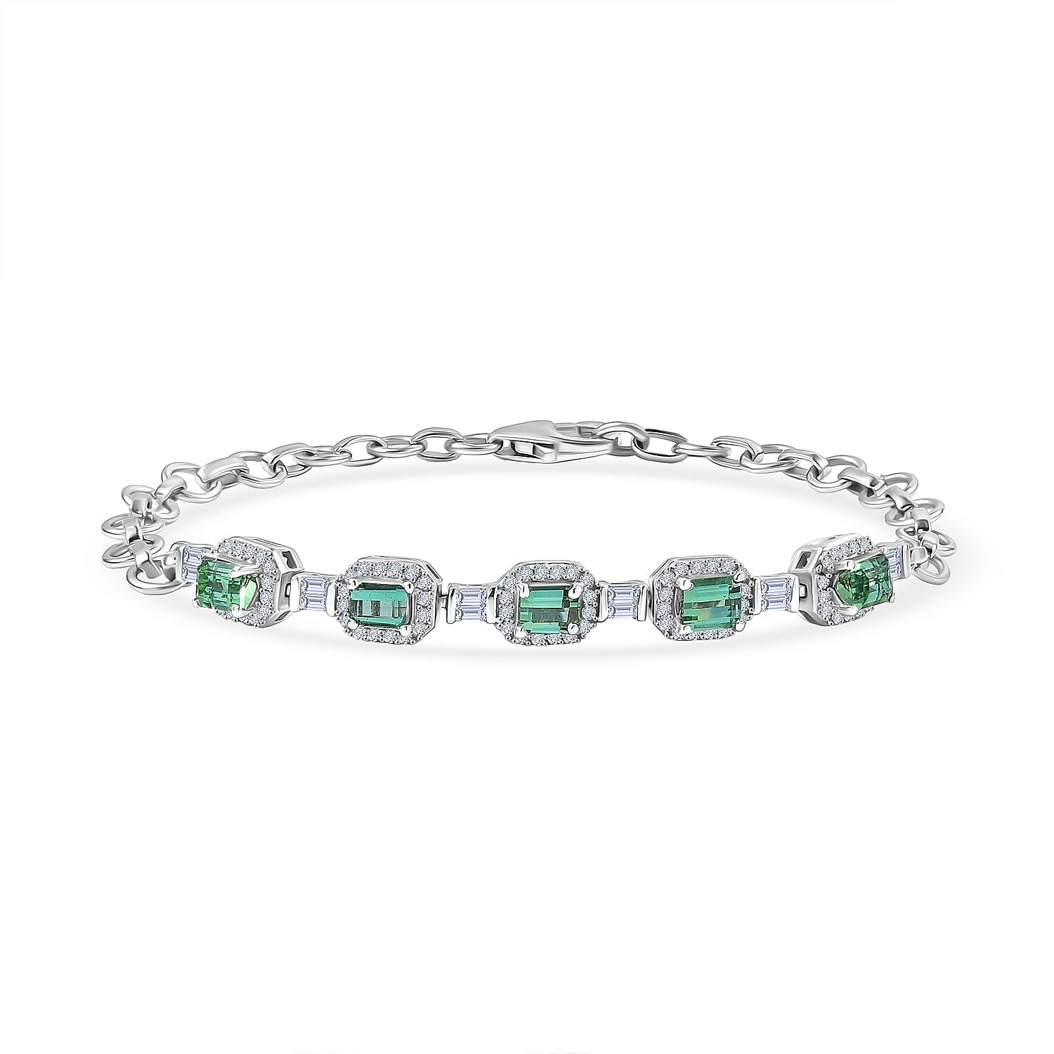 D'Joy Premium Pirineu Lagoon Tourmaline, Diamond (0.44 cts) Bracelet in Rhodium Over Sterling Silver (6.50 In) 1.80 ctw