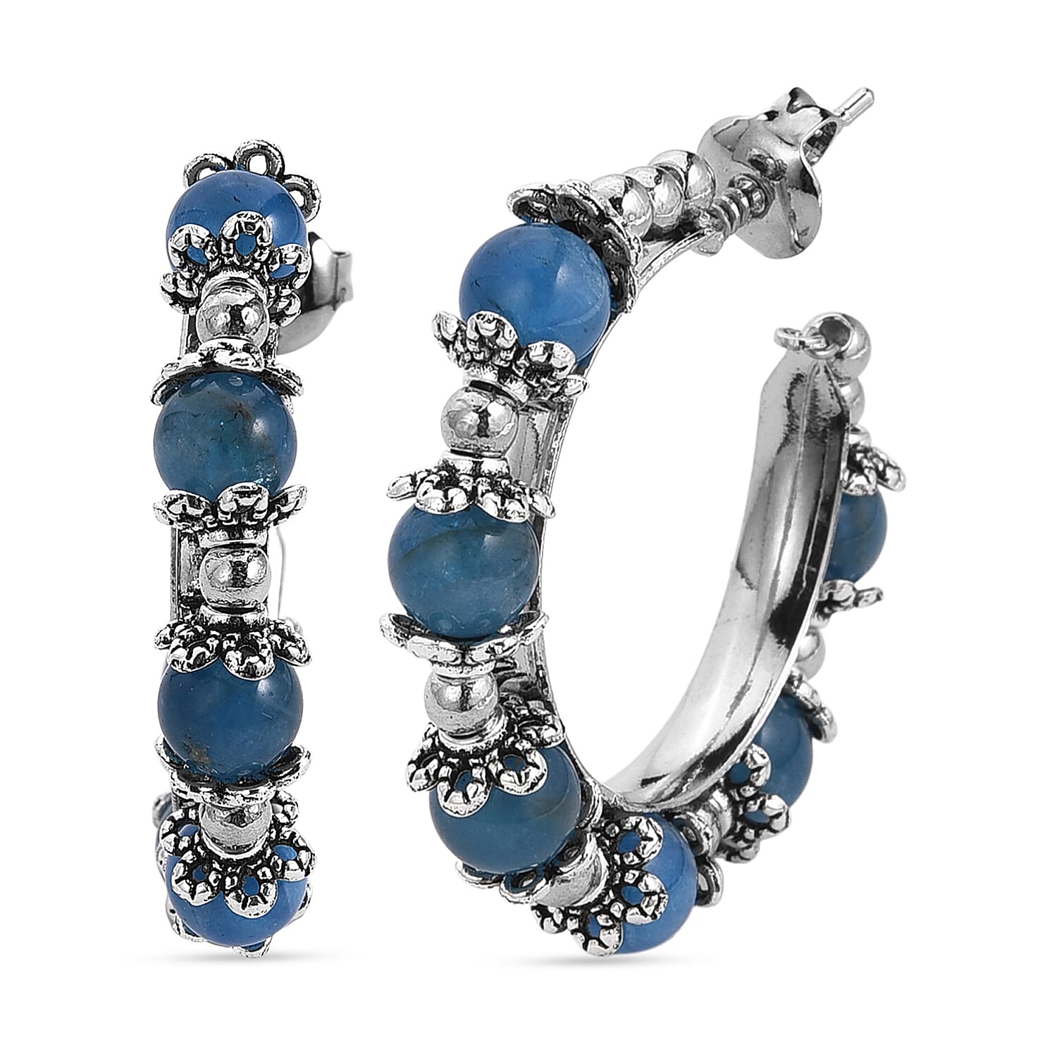 Blue Apatite Beaded Station Hoop Earrings in Silvertone 25.00 ctw