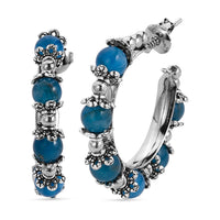 Blue Apatite Beaded Station Hoop Earrings in Silvertone 25.00 ctw