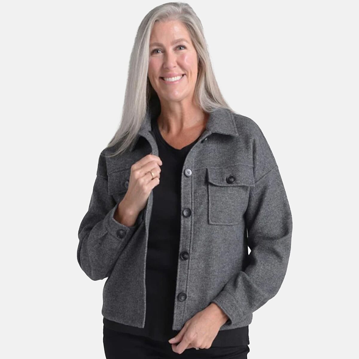 Closeout Christopher & Banks Charcoal Patch Pocket Button Front Shacket - L