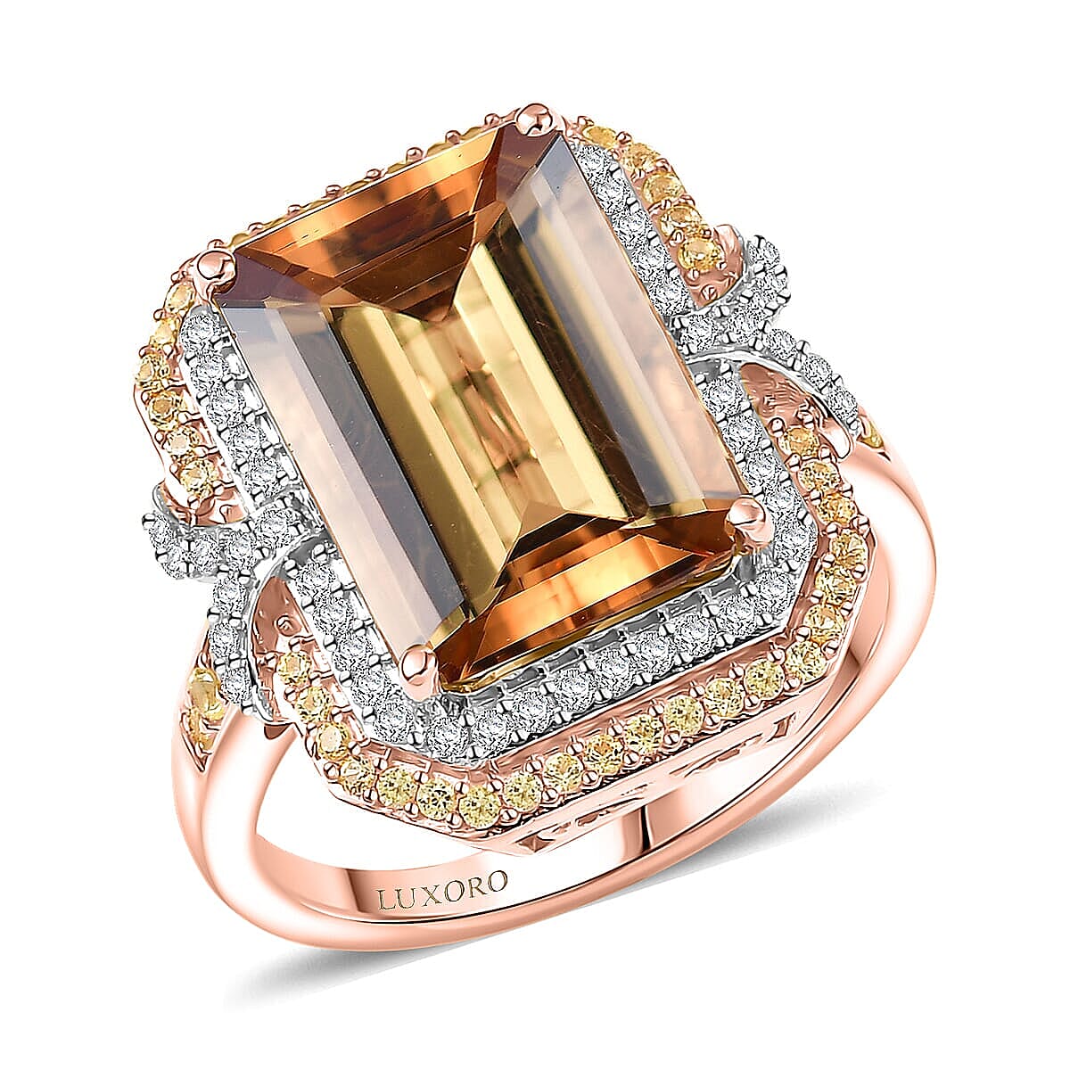 Luxoro 10K Rose Gold AAA Marialite, Yellow Sapphire and Diamond (I2) (0.29 cts) Ring (Size 6.0) (5.35 g) 7.70 ctw