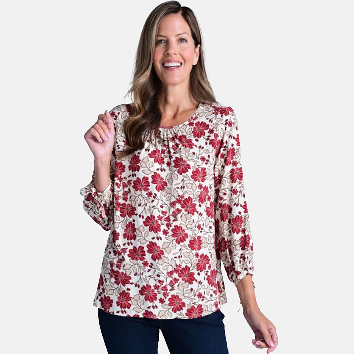 Closeout Christopher & Banks Navy Floral Printed Jewel Neck Long Sleeve Blouse - Large
