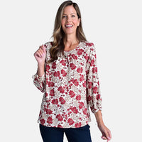 Closeout Christopher & Banks Navy Floral Printed Jewel Neck Long Sleeve Blouse - Large