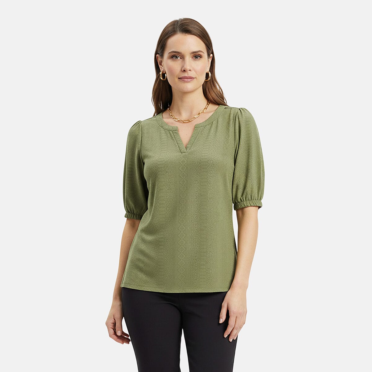 Closeout Christopher & Banks Blue Novelty Split Neck Ruffled Puff Sleeve Tee - Large
