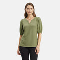 Closeout Christopher & Banks Blue Novelty Split Neck Ruffled Puff Sleeve Tee - Large - Sticky add to cart bar