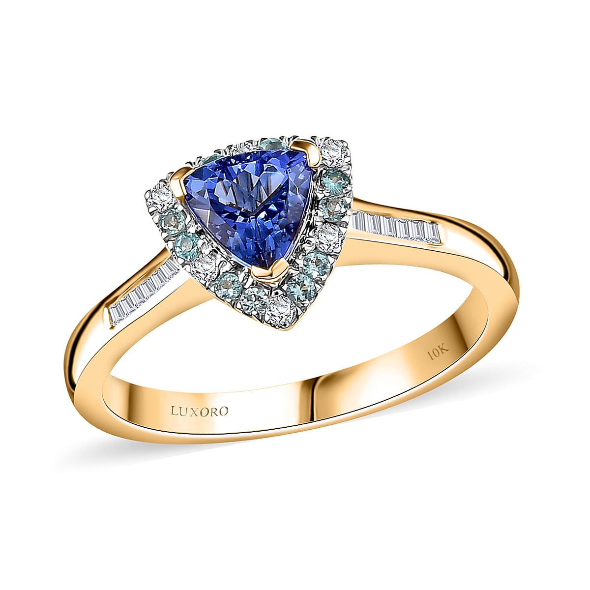 Certified & Appraised Luxoro AAA Tanzanite, Paraiba Tourmaline and I2 Diamond 1.10 ctw Ring in 10K Yellow Gold