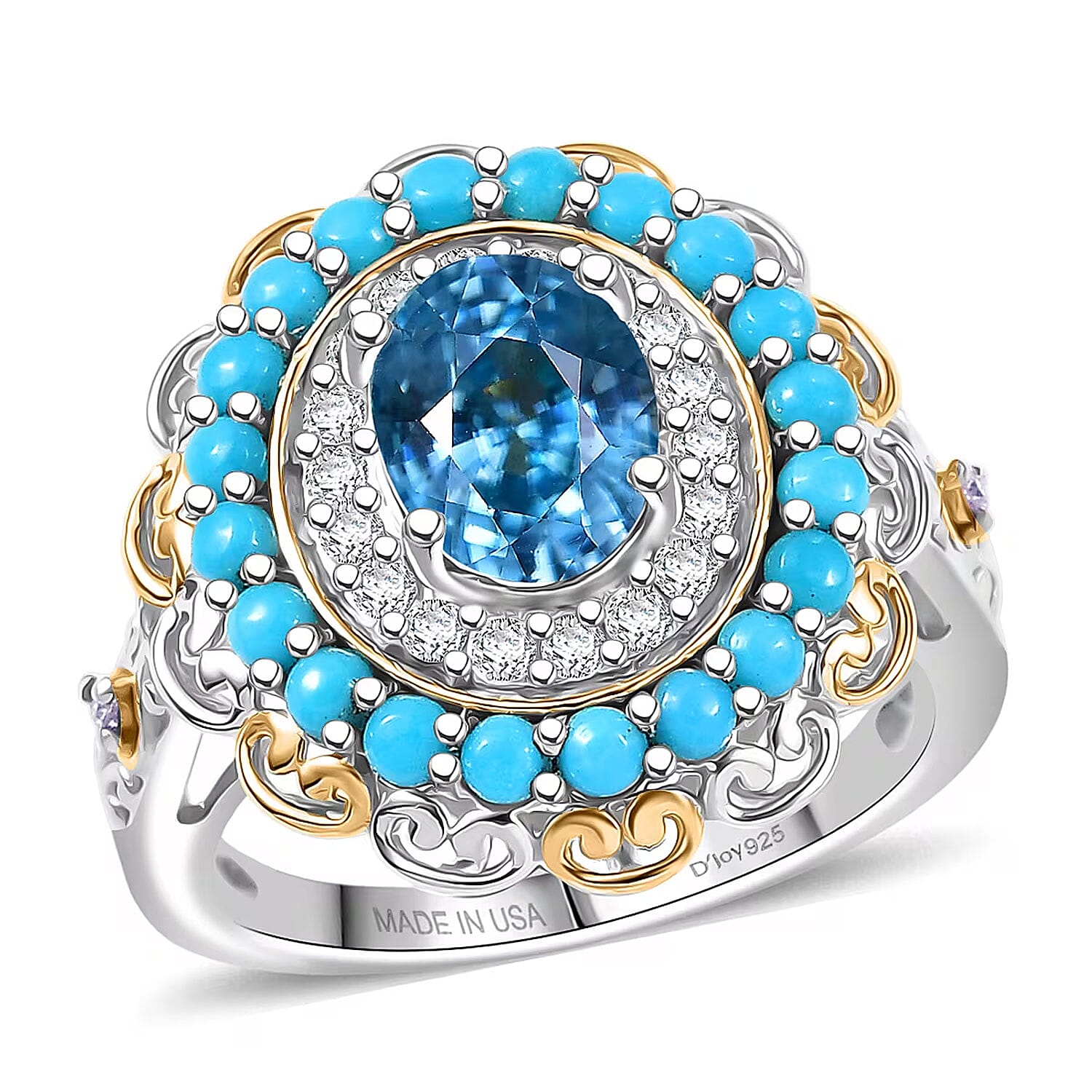 D'Joy AAA Cambodian Blue Zircon, Multi Gemstone Ring in 18K Vermeil YG and Rhodium Over Sterling Silver (Size 7.0) 3.60 ctw