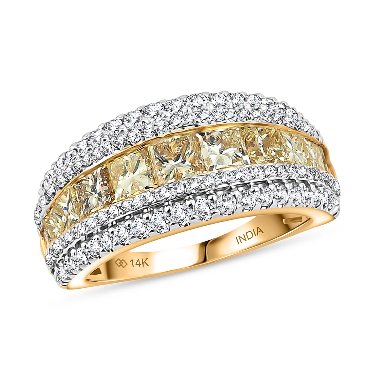 14K Yellow Gold Princess Cut Natural Yellow and White Diamond (VS) Ring (Size 6.0) (6.50 g) 3.00 ctw